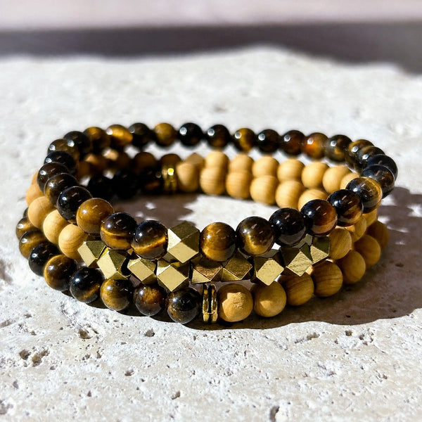 Tiger Eye and Rosewood 6 mm bracelet stack with gold-tone accents - macro bead detail