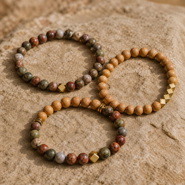 Picasso Jasper and Rosewood 6 mm bracelet stack with gold-tone accents - macro bead detail