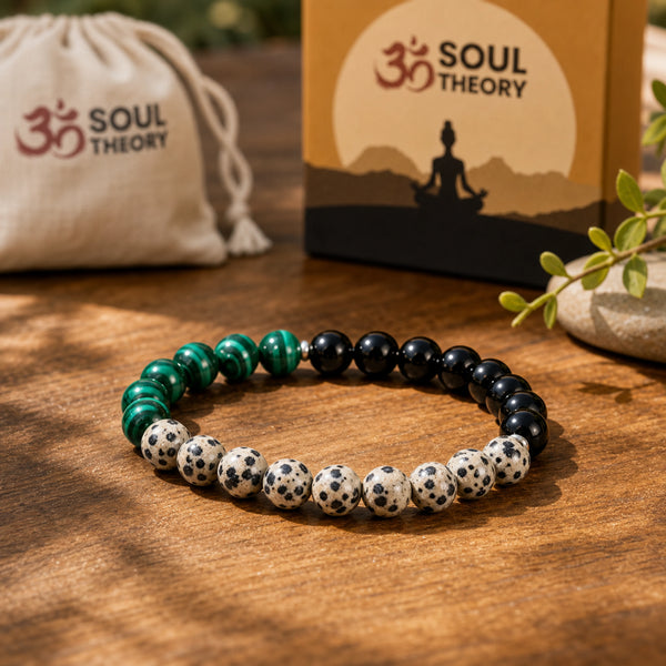 Dalmatian Jasper Bracelet 8mm with Soultheory packaging in background