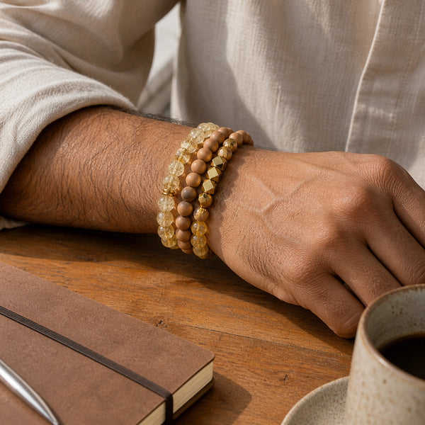 Citrine and Rosewood Crystal Bracelet Stack Set of 3 worn by an Indian man - lively lifestyle photo