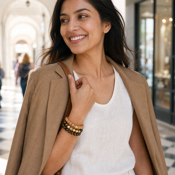 Tiger Eye and Rosewood Crystal Bracelet Stack Set of 3 worn by an Indian woman - lively lifestyle photo