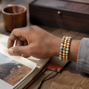 Multi Imperial Jasper and Rosewood Bracelet Stack Set of 3 on an Indian man's wrist - natural journal lifestyle photo