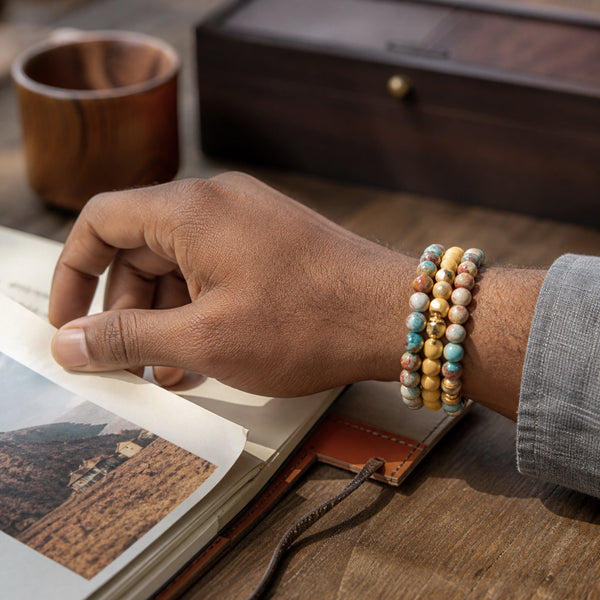 Multi Imperial Jasper and Rosewood Bracelet Stack Set of 3 on an Indian man's wrist - natural journal lifestyle photo