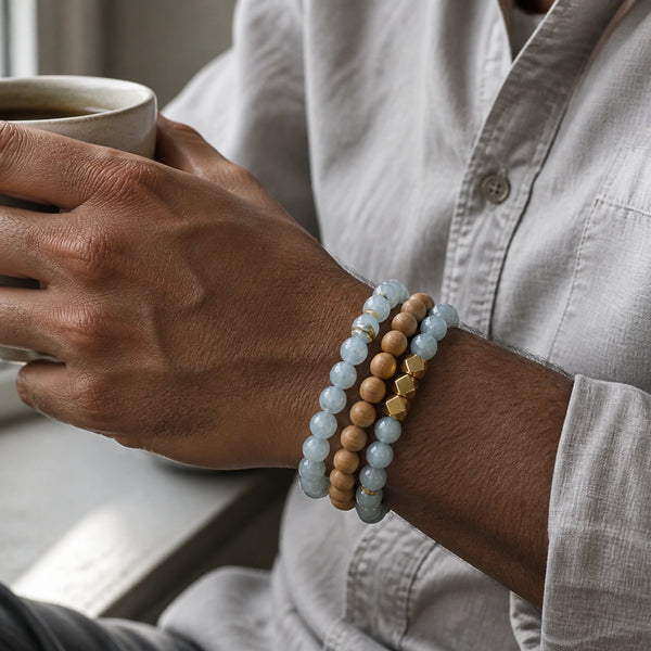 Aquamarine and Rosewood Crystal Bracelet Stack Set of 3 on an Indian man's wrist - natural lifestyle photo