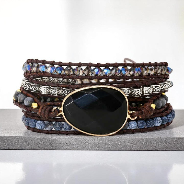 Natural Black Onyx Wrap Bracelet for Strength, Focus & Protection