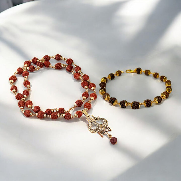 Rudraksha Bracelet Premium +Rudraksha Trishool Necklace (Combo) - Soultheory certified