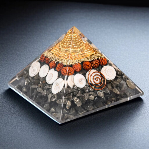 Lakshmi Yantra Pyramid with Shree Yantra, Rudraksha, Gomti Chakra & Pyrite