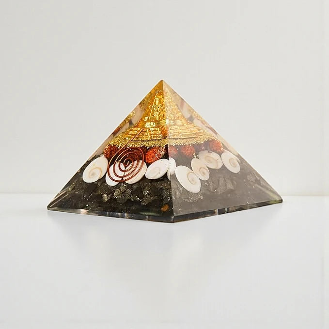 Lakshmi Yantra Pyramid with Shree Yantra, Rudraksha, Gomti Chakra & Pyrite