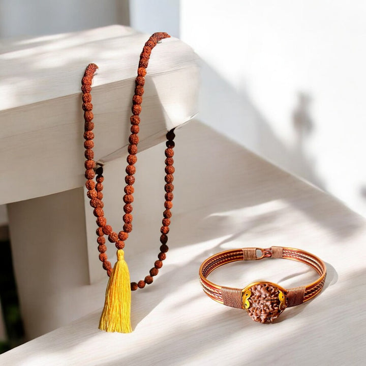 Rudraksha Mala - 108+1 Beads + Pure Copper Bracelet (Combo) - Soultheory certified