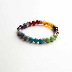 Flat lay of 7 chakra bracelet with amethyst, turquoise, amber and tiger eye beads on white