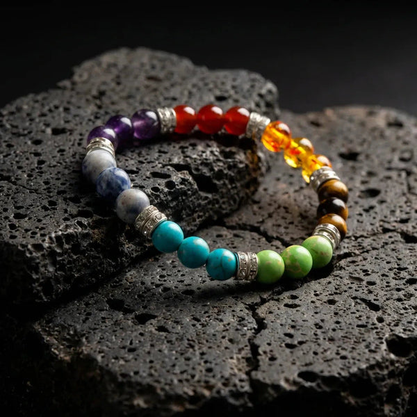 Natural 7 chakra bracelet with seven rainbow gemstone beads for balance and harmony - Soultheory India