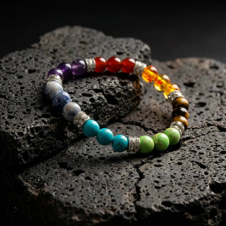 Natural 7 chakra bracelet with seven rainbow gemstone beads for balance and harmony - Soultheory India