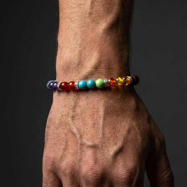 7 chakra stone bracelet worn on wrist showing amethyst, turquoise and carnelian beads