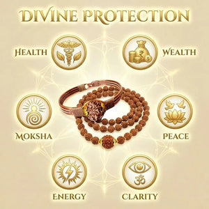 7 Mukhi rudraksha bracelet and mala combo chart showing wealth, peace and clarity benefits