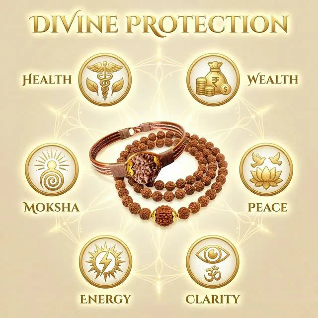 7 Mukhi rudraksha mala and Nepali copper bracelet combo by candlelight for prosperity - Soultheory India