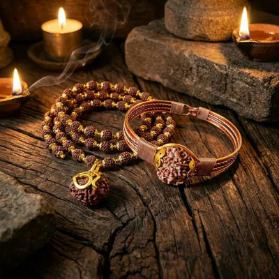 7 Mukhi rudraksha mala and Nepali copper bracelet combo by candlelight for prosperity - Soultheory India