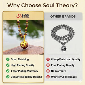Brand comparison chart for gold-plated rudraksha necklace showing finishing quality and plating warranty