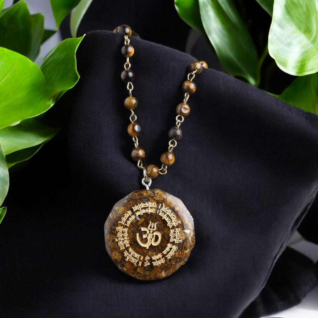 Shiva Mantra Carved Tiger's Eye Om Necklace Mala