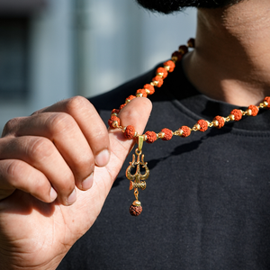 Gold Plated Rudraksha Trishool Necklace — detail view