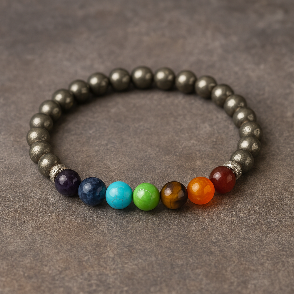 Pyrite with 7 Chakra Bracelet – Stone of Wealth, Energy & Spiritual Balance