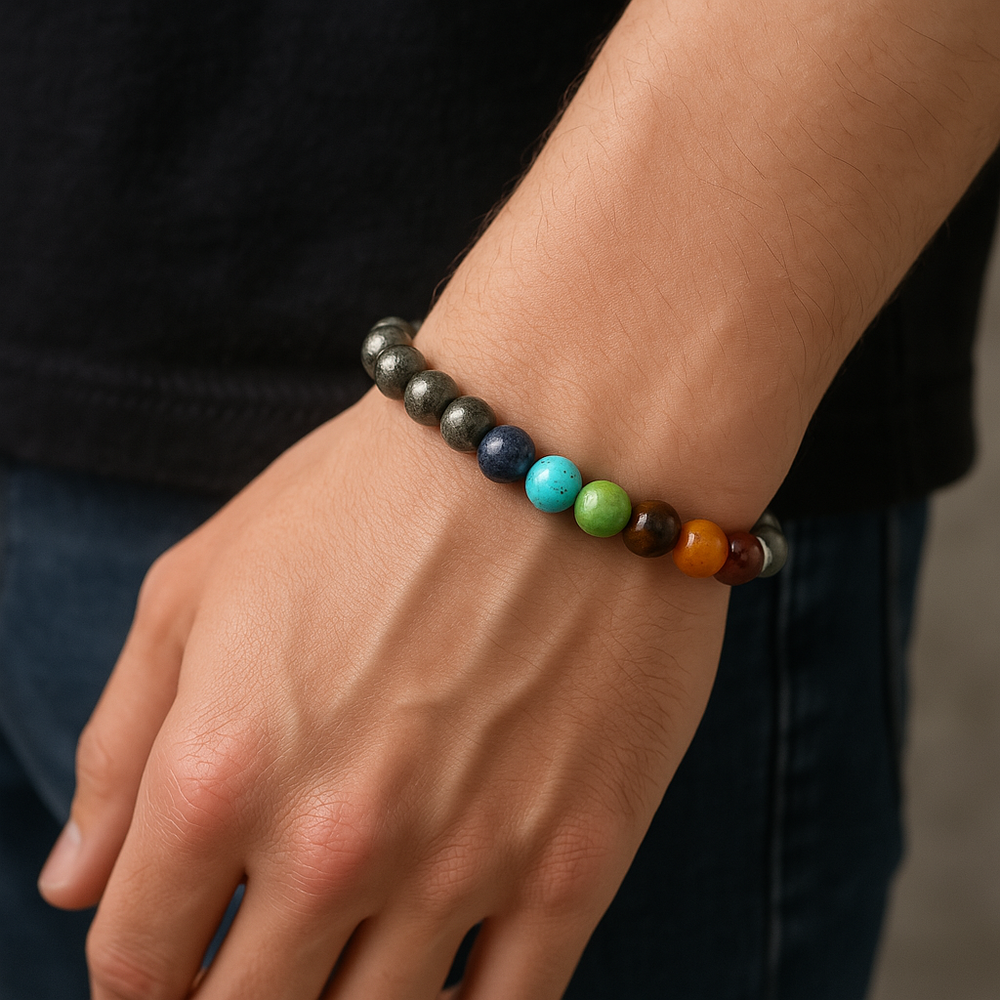Pyrite with 7 Chakra Bracelet – Stone of Wealth, Energy & Spiritual Balance