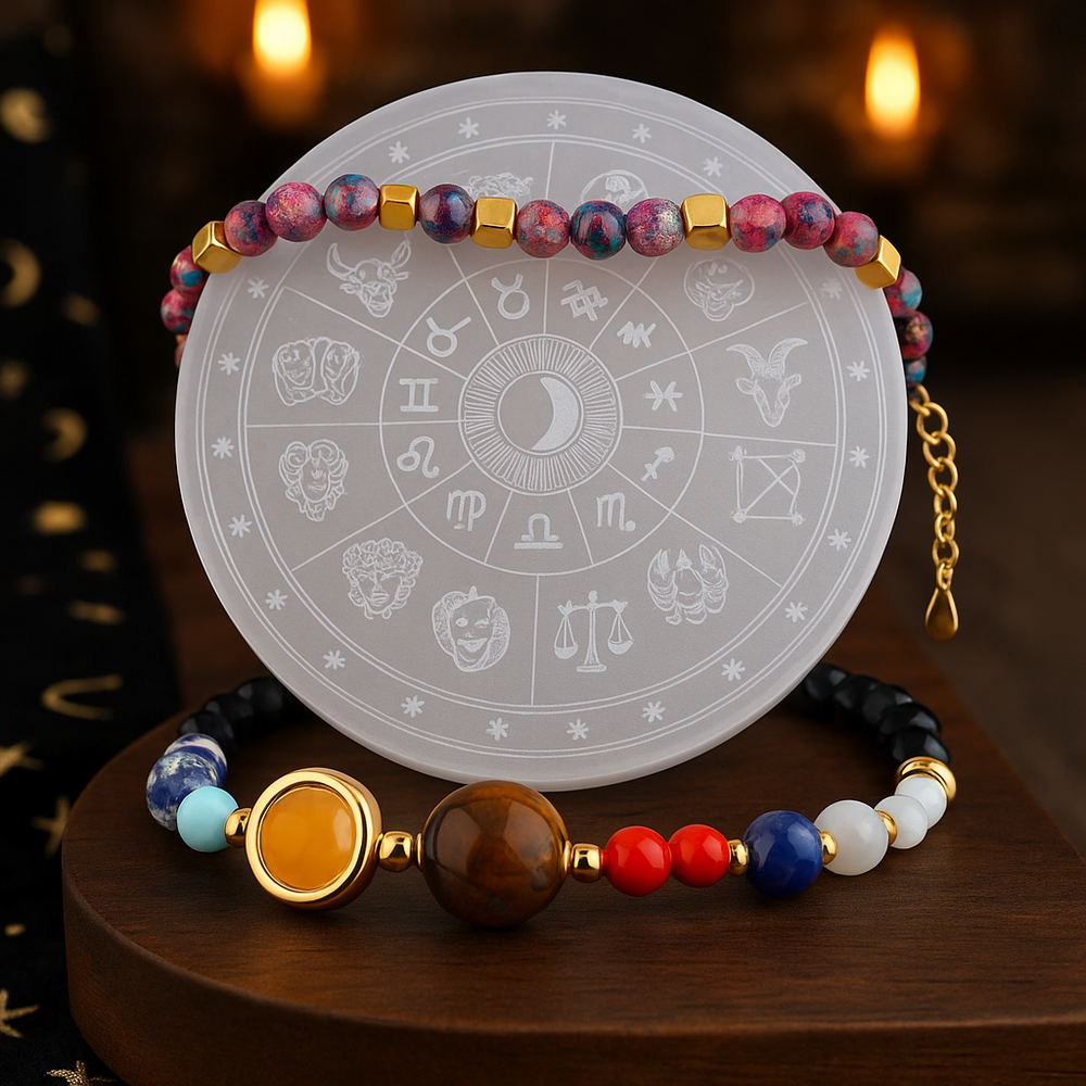 Cosmic & Energy Cleanse Combo – Purple Jasper x Selenite Plate x Solar System Planet Bracelet