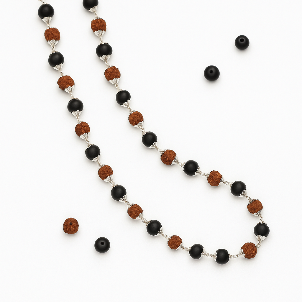 Karungali Rudraksha Malai Silver Cap Plated Necklace