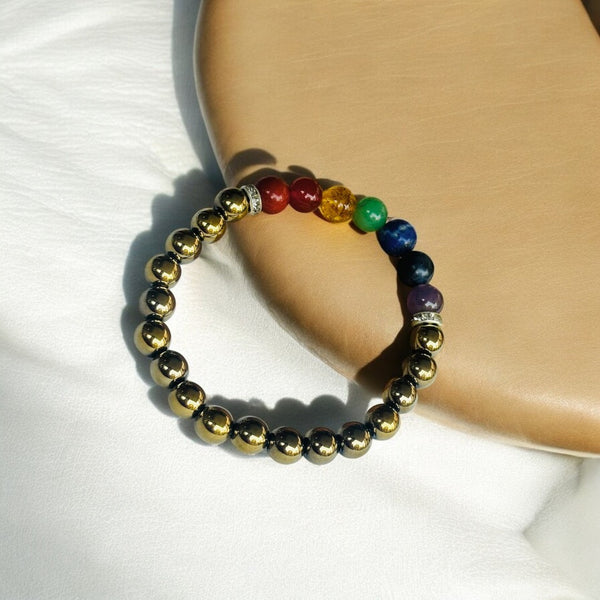 Pyrite with 7 Chakra Bracelet – Stone of Wealth, Energy & Spiritual Balance