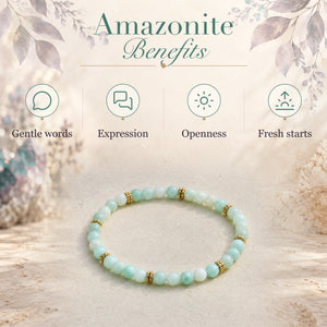 Amazonite benefits - gentle words, expression, openness and fresh starts - with the Amazonite 4mm Bead Bracelet with Gold Spacers