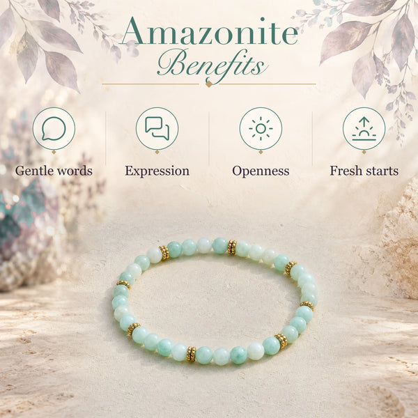 Amazonite benefits - gentle words, expression, openness and fresh starts - with the Amazonite 4mm Bead Bracelet with Gold Spacers