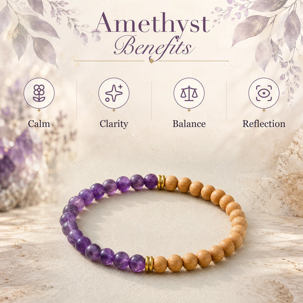 Amethyst benefits - calm, clarity, balance and reflection - with the Amethyst & Rosewood 6mm Bead Bracelet