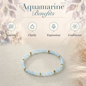 Aquamarine benefits - serenity, clarity, expression and confidence - with the Aquamarine 4mm Bead Bracelet with Gold Spacers