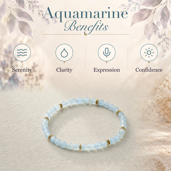 Aquamarine benefits - serenity, clarity, expression and confidence - with the Aquamarine 4mm Bead Bracelet with Gold Spacers