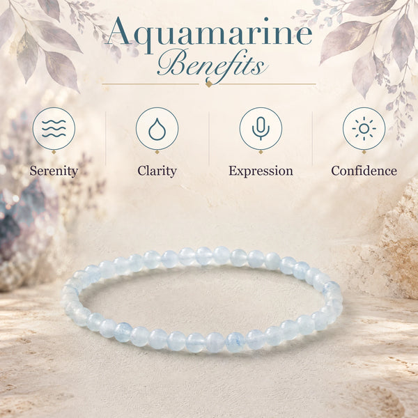 Aquamarine benefits - serenity, clarity, expression and confidence - with the Aquamarine 4mm Round Bead Bracelet