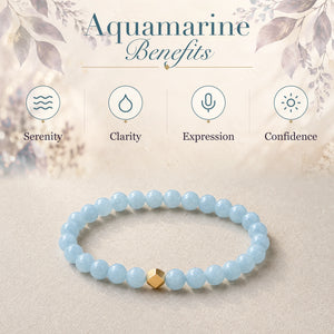 Aquamarine benefits - serenity, clarity, expression and confidence - with the Aquamarine 6mm Bead Bracelet with Gold Accent