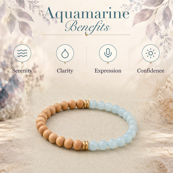 Aquamarine benefits - serenity, clarity, expression and confidence - with the Aquamarine & Rosewood 6mm Bead Bracelet