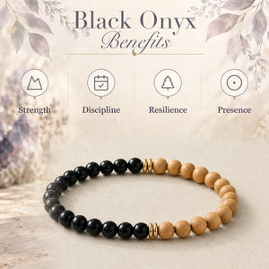 Black Onyx benefits - strength, discipline, resilience and presence - with the Black Onyx & Rosewood 6mm Bead Bracelet