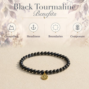Black Tourmaline benefits - grounding, steadiness, boundaries and composure - with the Black Tourmaline 4mm Bracelet with Om Charm