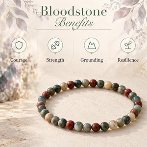 Bloodstone benefits - courage, strength, grounding and resilience - with the Bloodstone 4mm Round Bead Bracelet