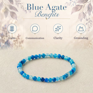 Blue Agate benefits - calm, communication, clarity and grounding - with the Blue Agate 4mm Round Bead Bracelet