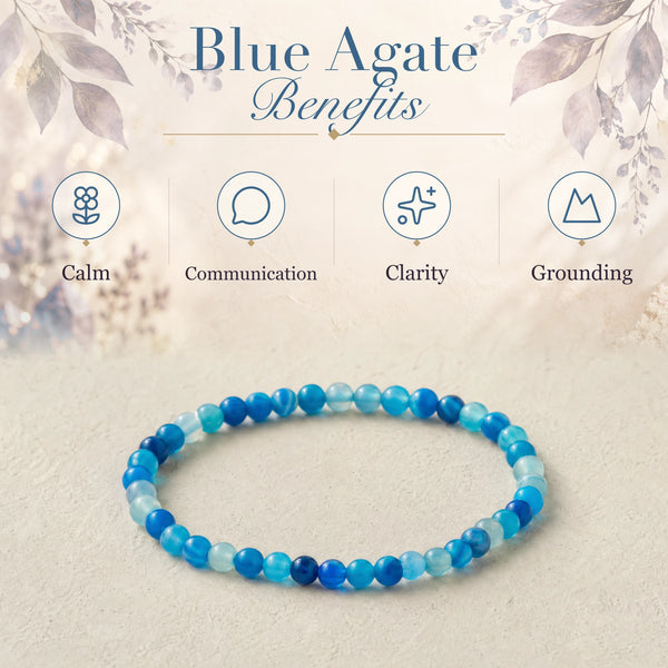 Blue Agate benefits - calm, communication, clarity and grounding - with the Blue Agate 4mm Round Bead Bracelet