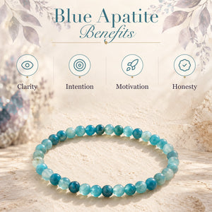 Blue Apatite benefits - clarity, intention, motivation and honesty - with the Blue Apatite 4mm Round Bead Bracelet
