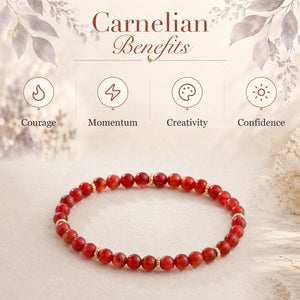 Carnelian benefits - courage, momentum, creativity and confidence - with the Carnelian 4mm Bead Bracelet with Gold Spacers