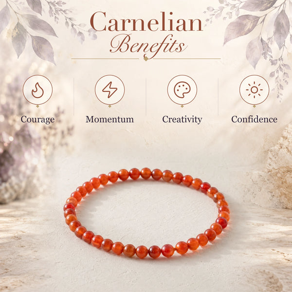 Carnelian benefits - courage, momentum, creativity and confidence - with the Carnelian 4mm Round Bead Bracelet
