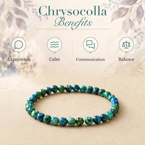 Chrysocolla benefits - expression, calm, communication and balance - with the Chrysocolla 4mm Round Bead Bracelet