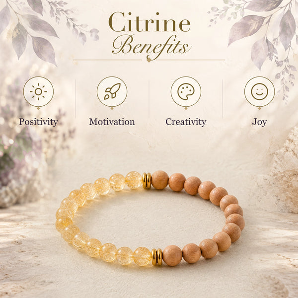 Citrine benefits - positivity, motivation, creativity and joy - with the Citrine & Rosewood 6mm Bead Bracelet