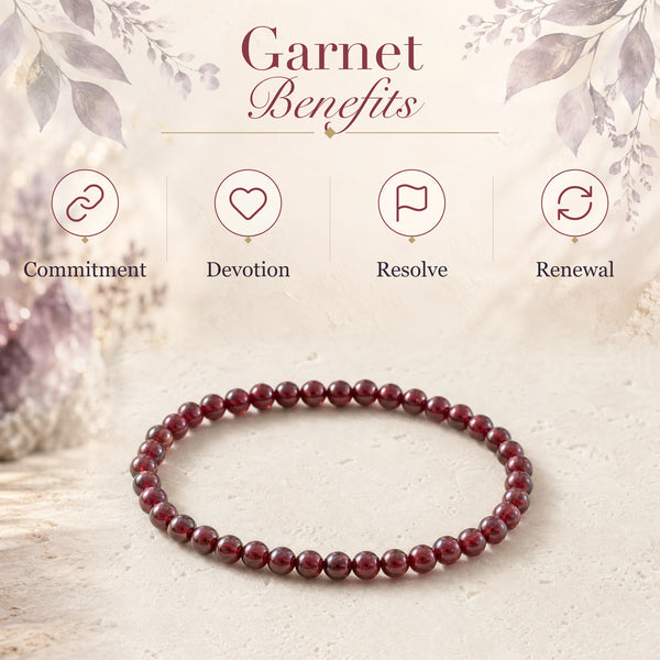 Garnet benefits - commitment, devotion, resolve and renewal - with the Garnet 4mm Round Bead Bracelet