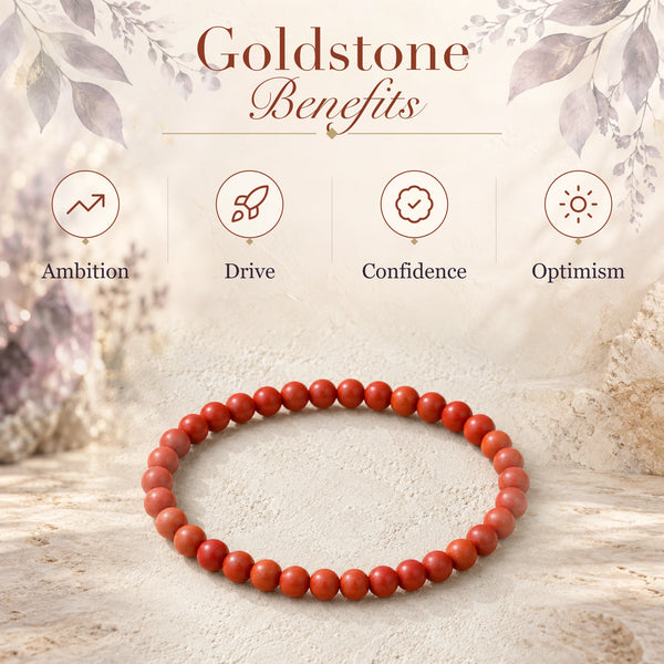 Goldstone benefits - ambition, drive, confidence and optimism - with the Goldstone 4mm Round Bead Bracelet