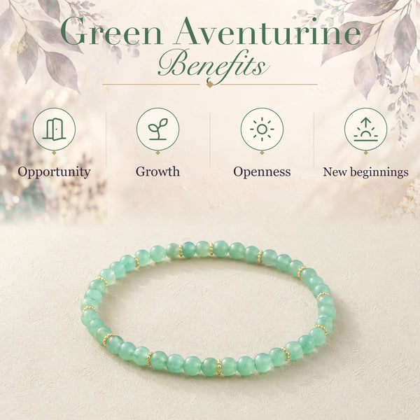 Green Aventurine benefits - opportunity, growth, openness and new beginnings - with the Green Aventurine 4mm Bead Bracelet with Gold Spacers