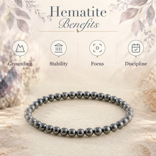 Hematite benefits - grounding, stability, focus and discipline - with the Hematite 4mm Bead Bracelet